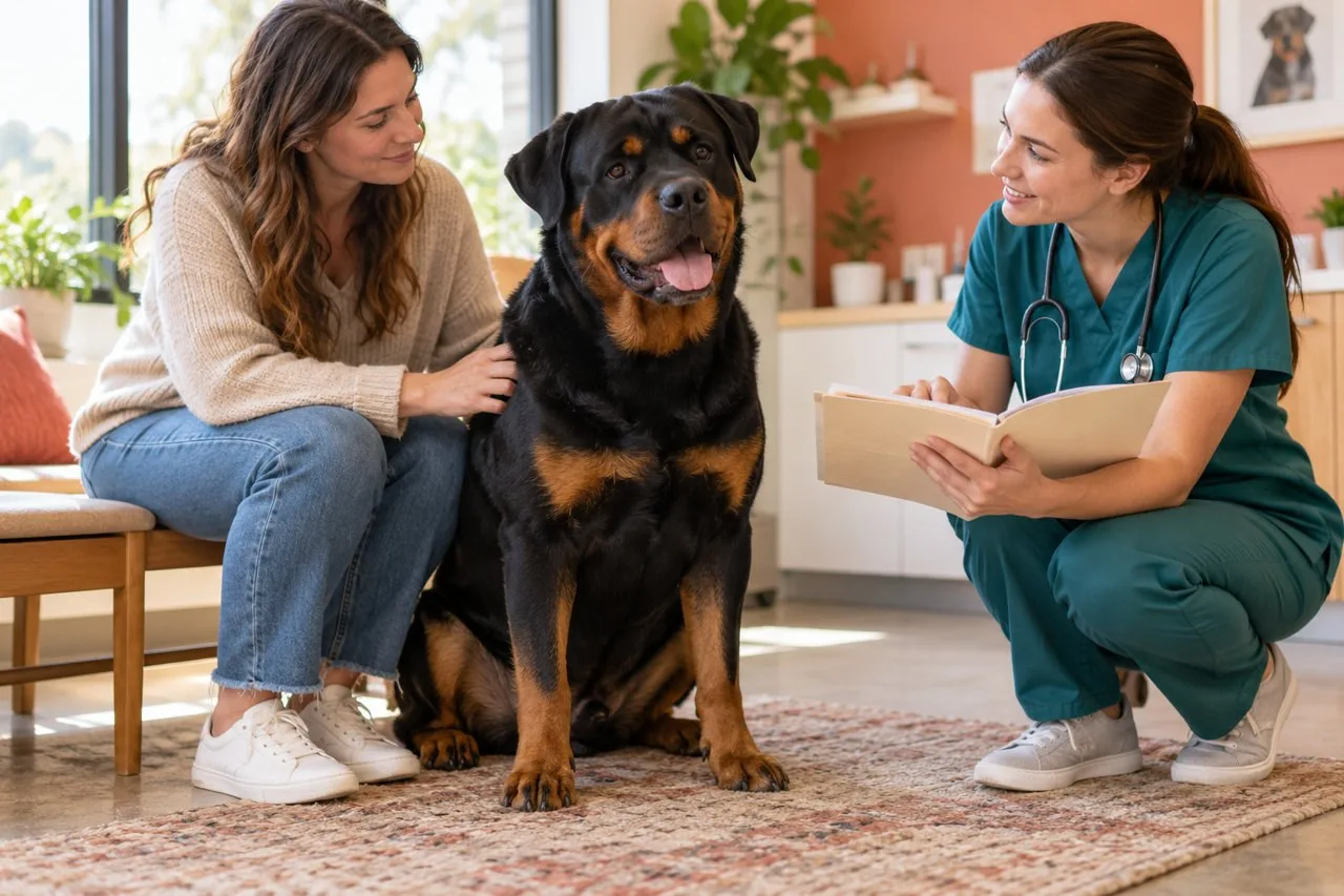 Black-and-tan dog beside its owner and a veterinarian discussing a folder