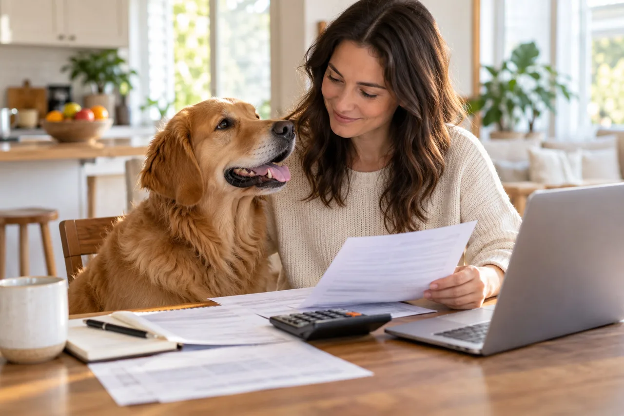 Owner checking paperwork beside a dog at home